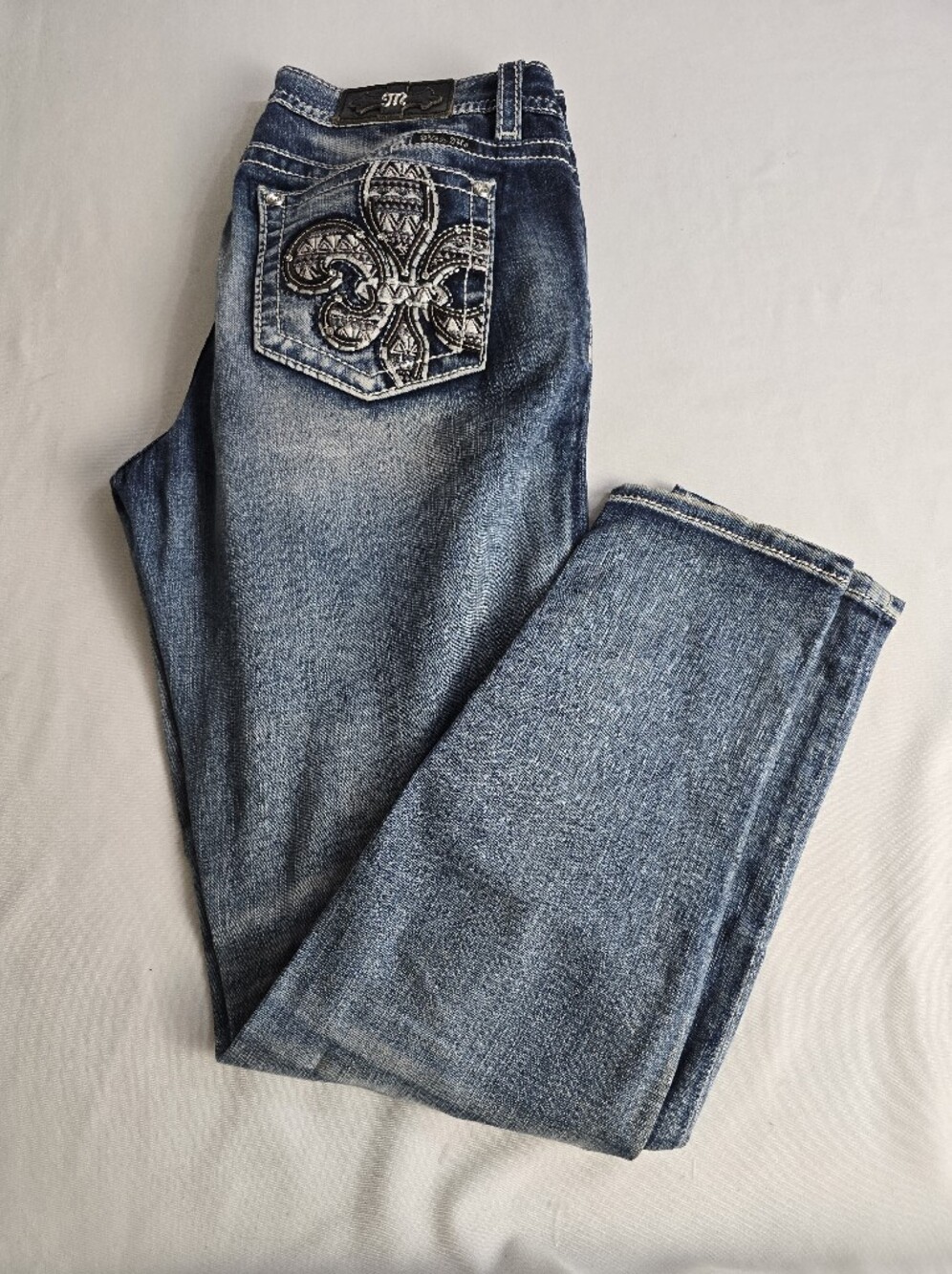 Miss Me Hailey Skinny Jeans Y2K Fleur De Lis Rhinestone Bling Size 31